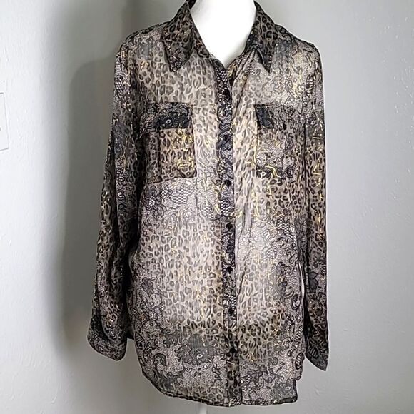 Lane Bryant Sheer Buttondown Top, Leopard Print, Gold Metallic, Size 14/16 - Picture 1 of 7